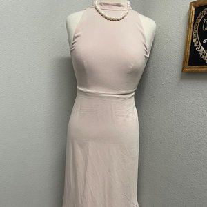 Women's Broomstick Satin Pleated Smocked Halter Mid Dress